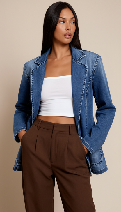 Women’s Denim Blazer – Tailored Jean Jacket with Button Closure and Classic Fit