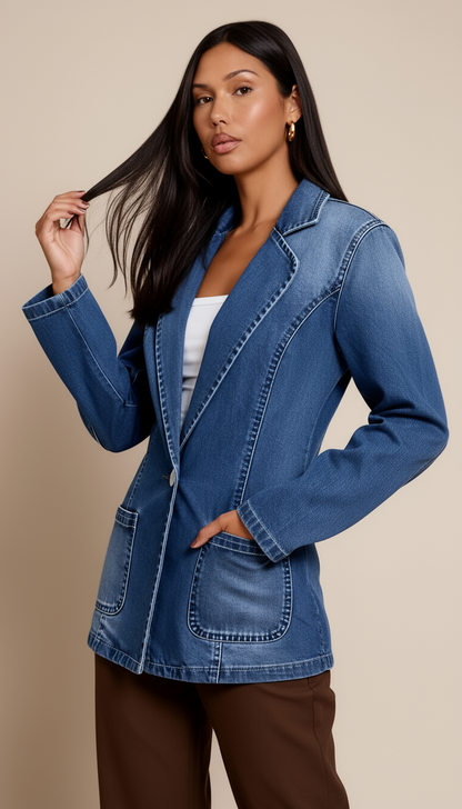 Women’s Denim Blazer – Tailored Jean Jacket with Button Closure and Classic Fit