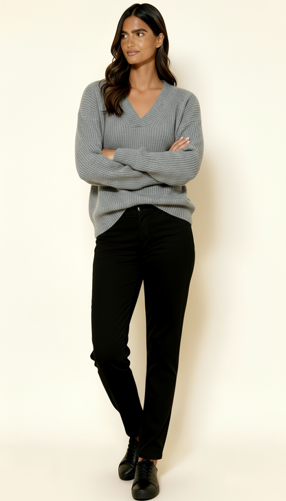 Women’s V-Neck Jumper – Ribbed Knit Long Sleeve Sweater | Soft Relaxed Fit Knitwear