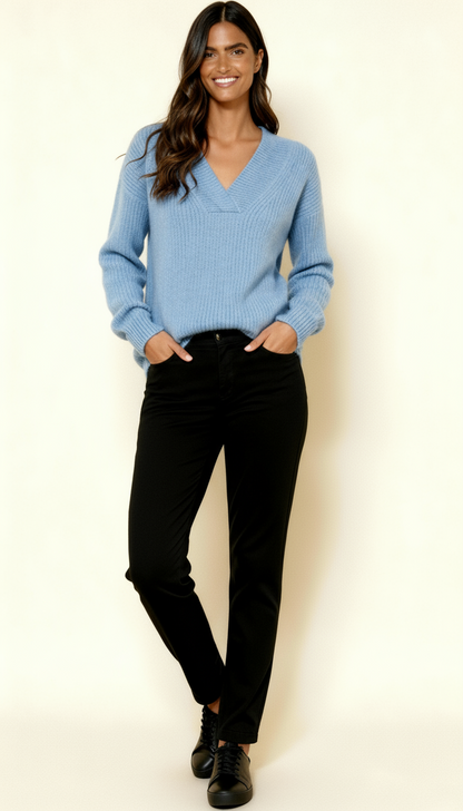 Women’s V-Neck Jumper – Ribbed Knit Long Sleeve Sweater | Soft Relaxed Fit Knitwear