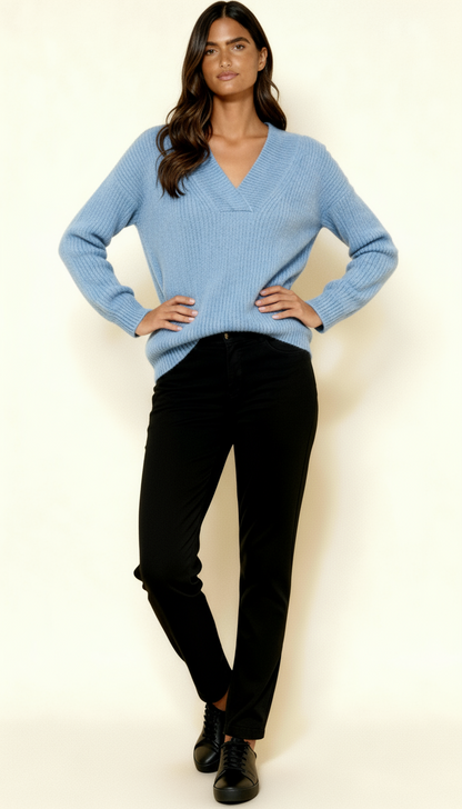 Women’s V-Neck Jumper – Ribbed Knit Long Sleeve Sweater | Soft Relaxed Fit Knitwear
