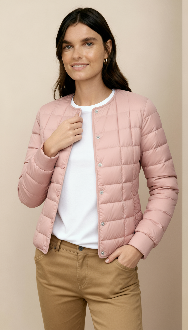 Women’s Lightweight Puffer Jacket – Collarless Water-Resistant Winter Coat with Button Front | Minimalist Warm Outerwear