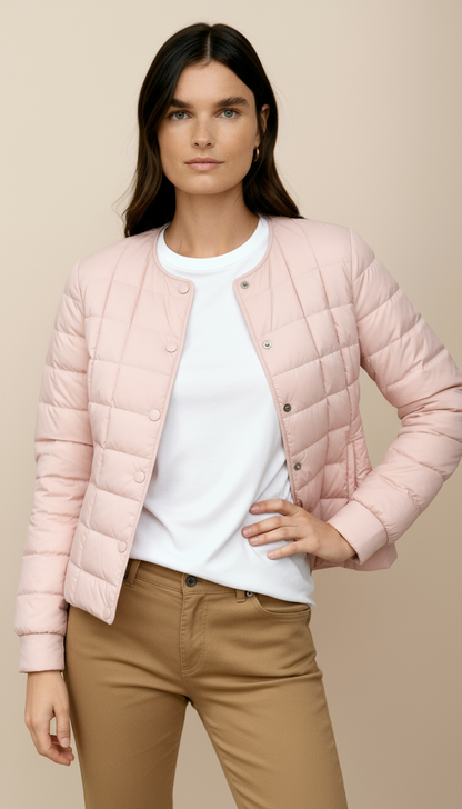Women’s Lightweight Puffer Jacket – Collarless Water-Resistant Winter Coat with Button Front | Minimalist Warm Outerwear
