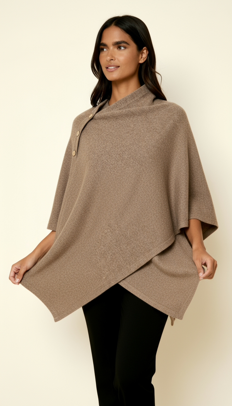 Women’s Asymmetric Button Detail Poncho – Elegant Draped Fit & Stylish Layering Essential