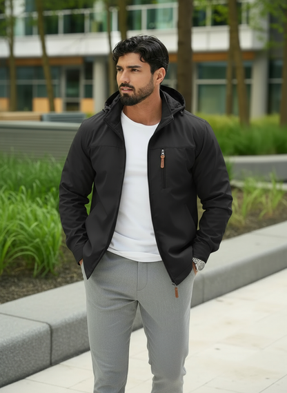 Men’s Waterproof Hooded Jacket – Full-Zip Rainproof Windbreaker with Secure Zippered Pockets