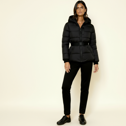Women’s Puffer Quilted Jacket with Adjustable Belt & Hood – Warm Winter Coat