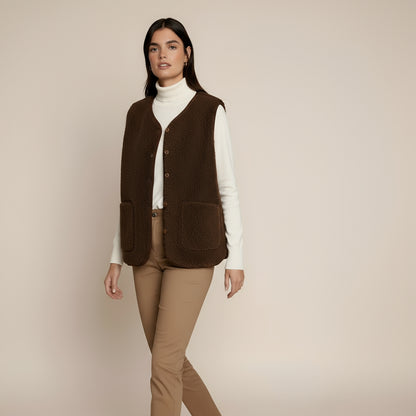 Women’s Shearling Style Gilet – Soft Textured Sleeveless Vest with Button Closure and Pockets