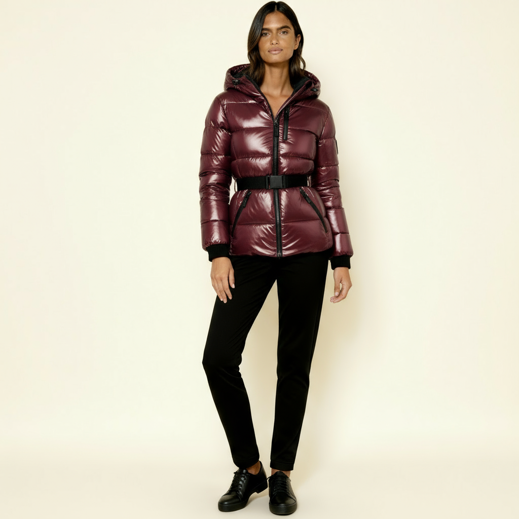 Women’s Puffer Quilted Jacket with Adjustable Belt & Hood – Warm Winter Coat