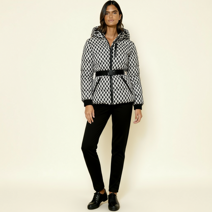 Women’s Puffer Quilted Jacket with Adjustable Belt & Hood – Warm Winter Coat