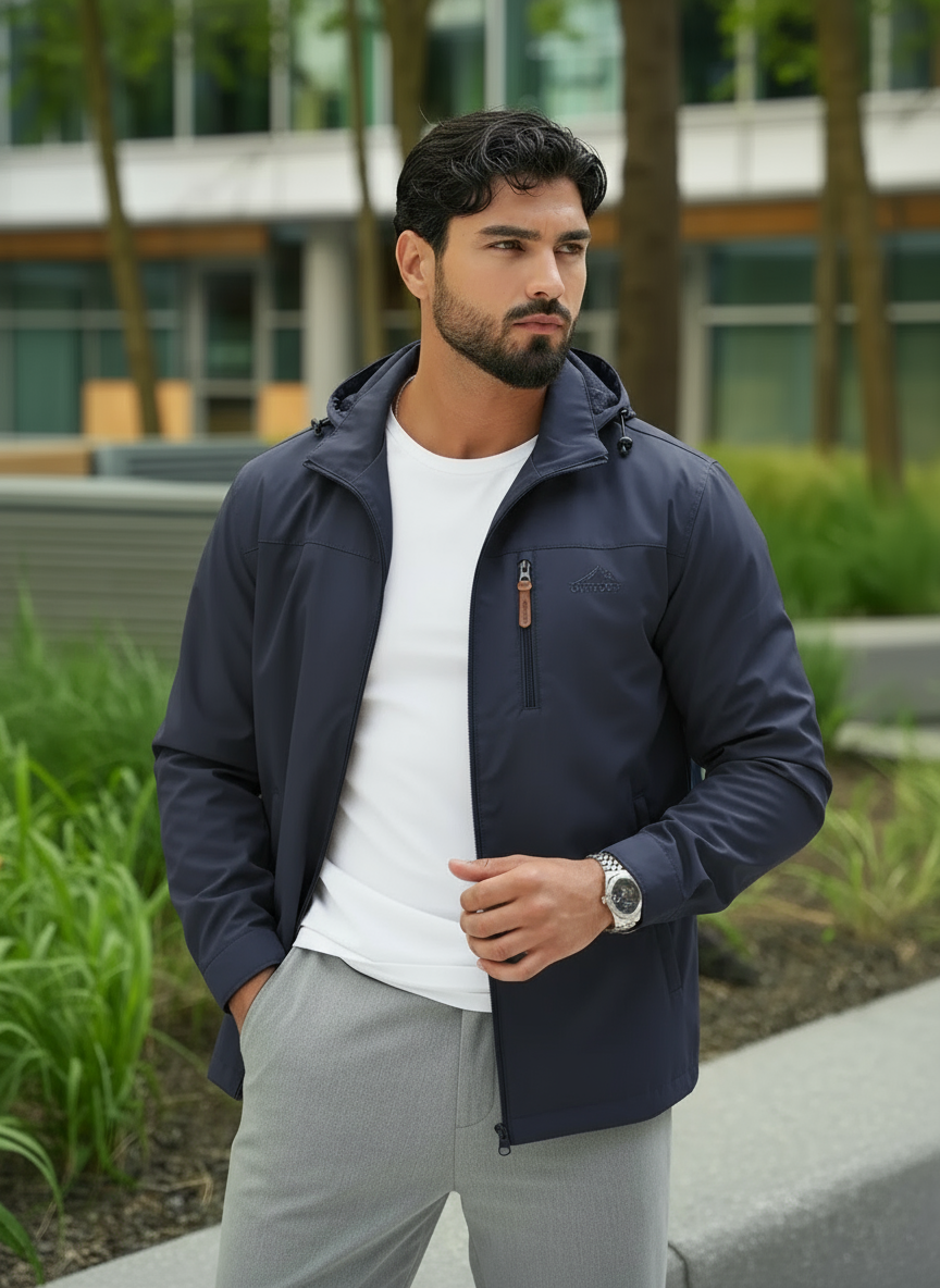 Men’s Waterproof Hooded Jacket – Full-Zip Rainproof Windbreaker with Secure Zippered Pockets