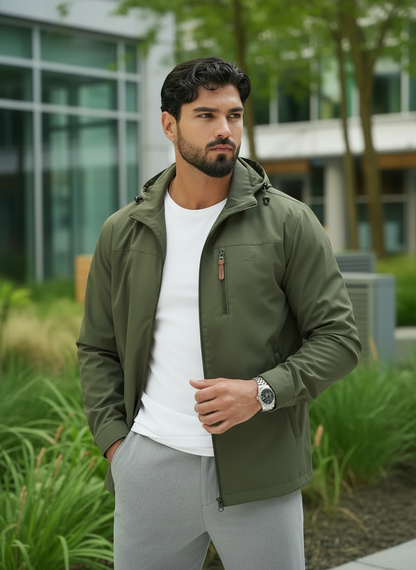 Men’s Waterproof Hooded Jacket – Full-Zip Rainproof Windbreaker with Secure Zippered Pockets
