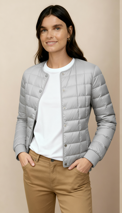 Women’s Lightweight Puffer Jacket – Collarless Water-Resistant Winter Coat with Button Front | Minimalist Warm Outerwear