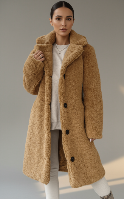 Women’s Long Teddy Coat with Buttons | Cozy Faux Fur Winter Overcoat
