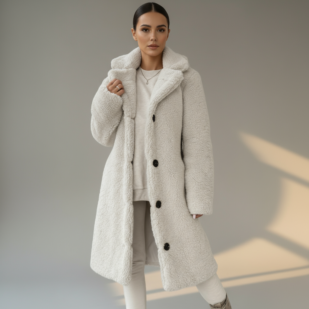 Women’s Long Teddy Coat with Buttons | Cozy Faux Fur Winter Overcoat
