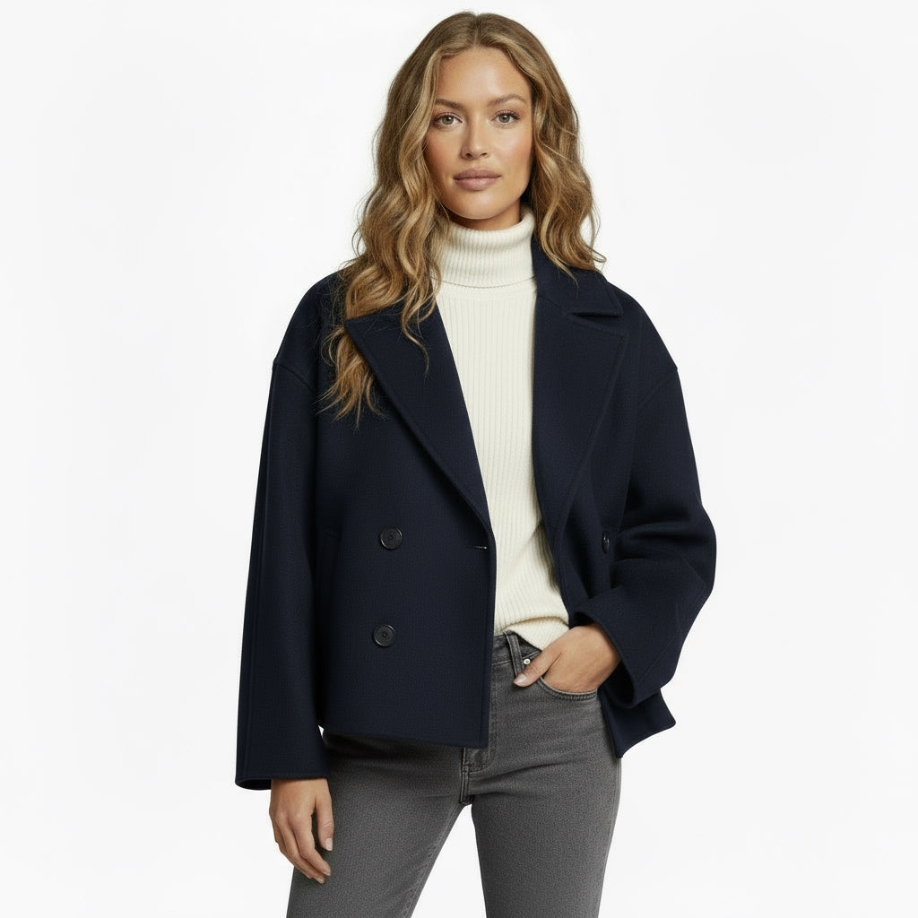 Women’s Short Double-Breasted Winter Jacket – Cropped Coat with Wide Lapels & Structured Fit