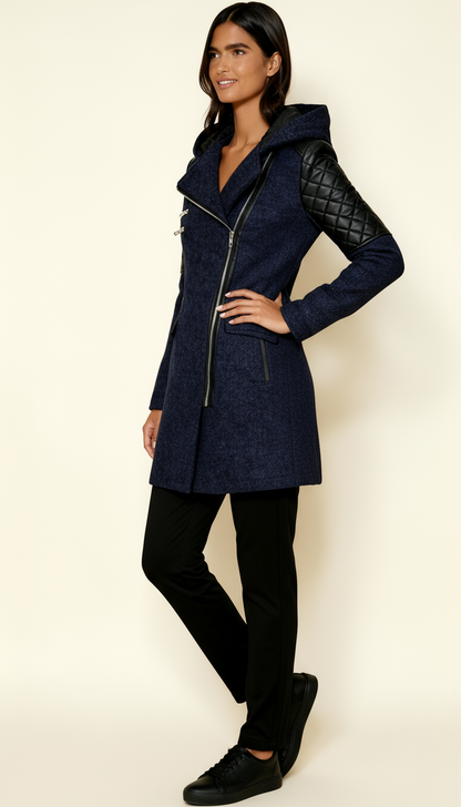 Women’s Asymmetric Zip Coat with Quilted Panels & Hood – Modern Fitted Winter Outerwear