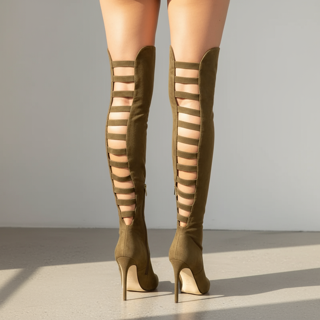 Women’s Knee-High Strappy Cut-Out Boots with High Stiletto Heel | Bold & Elegant Over-the-Knee Footwear