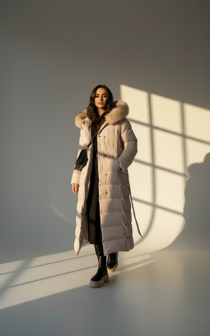 Women’s Beige Parka Jacket | Warm Winter Coat with Faux Fur Hood & Belt