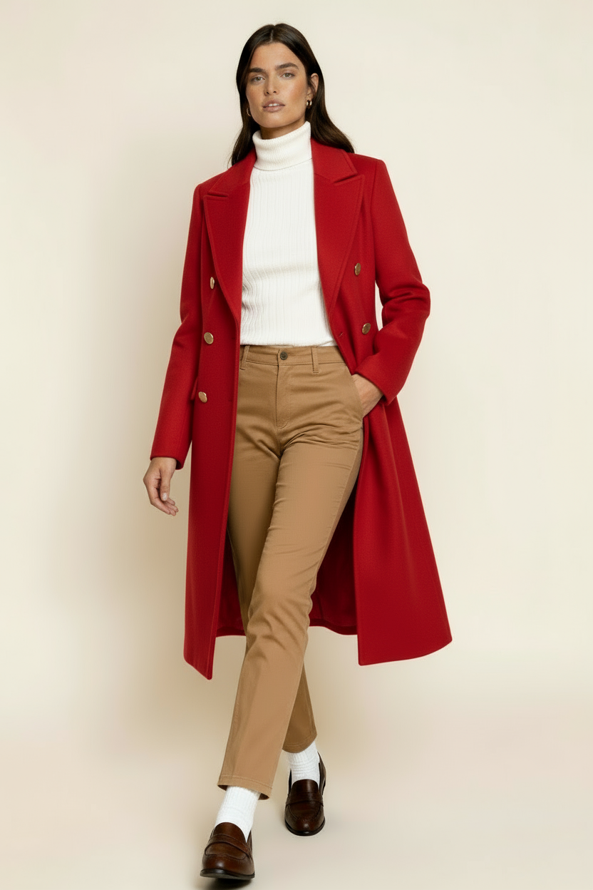 Women’s Wool Blend Coat – Double-Breasted Tailored Long Coat with Classic Lapel
