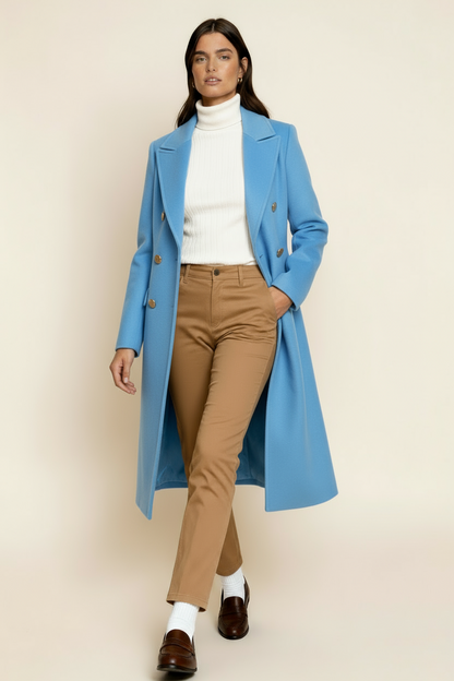 Women’s Wool Blend Coat – Double-Breasted Tailored Long Coat with Classic Lapel