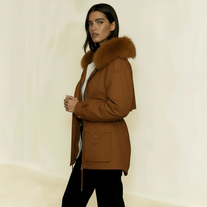 Women’s Parka Jacket with Faux Fur Lining – Adjustable Drawstring Waist & Detachable Hood