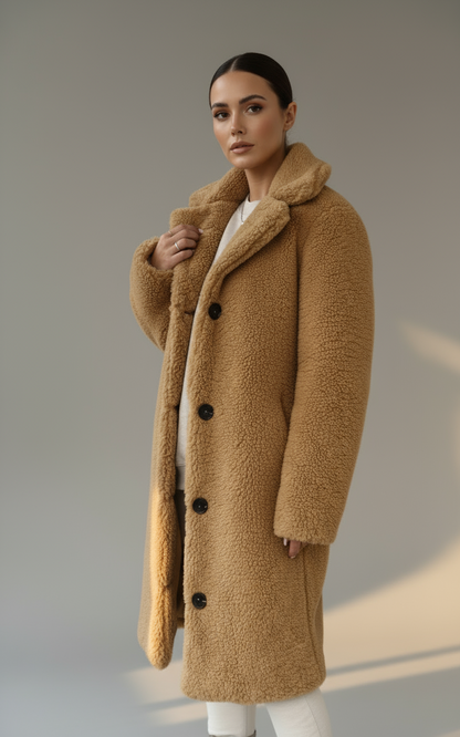 Women’s Long Teddy Coat with Buttons | Cozy Faux Fur Winter Overcoat