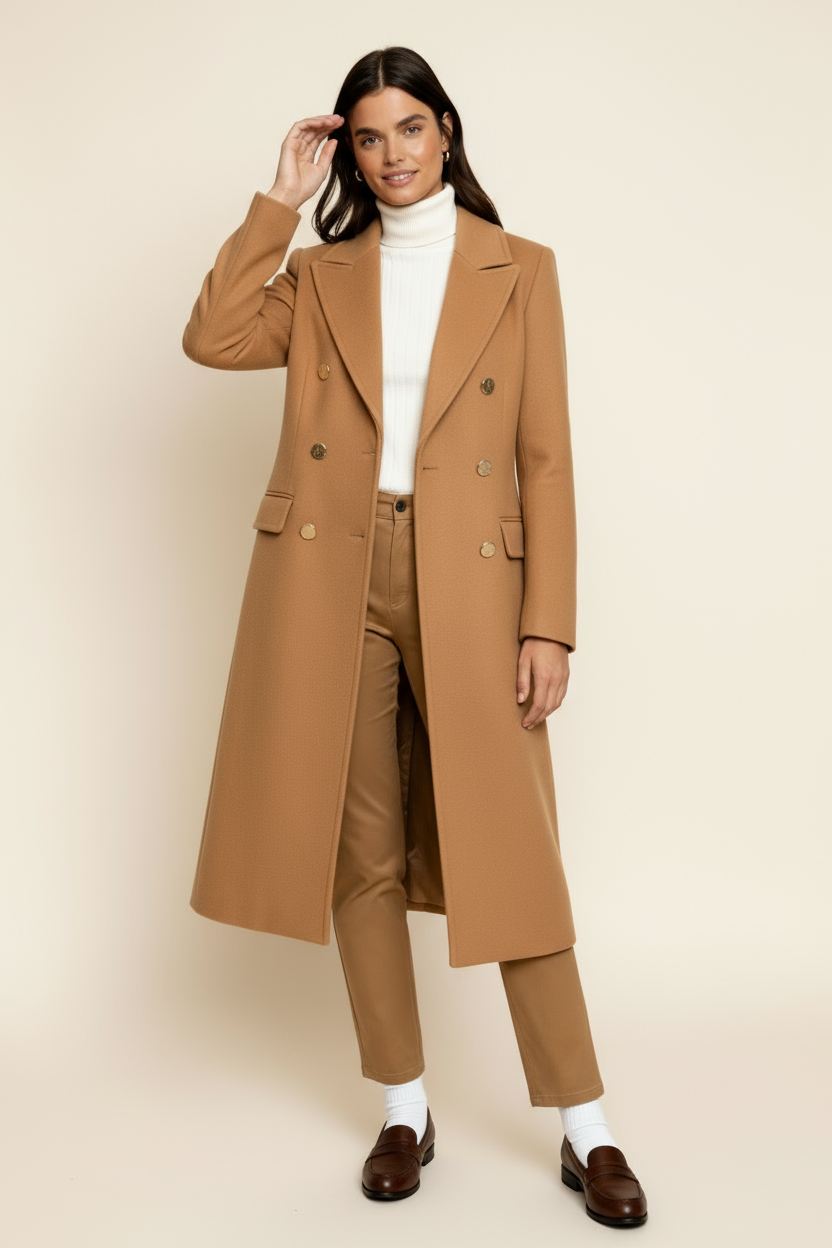 Women’s Wool Blend Coat – Double-Breasted Tailored Long Coat with Classic Lapel