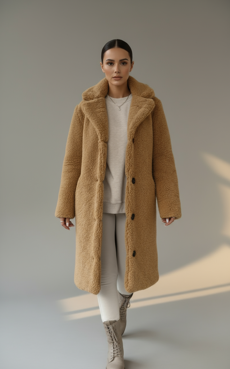 Women’s Long Teddy Coat with Buttons | Cozy Faux Fur Winter Overcoat
