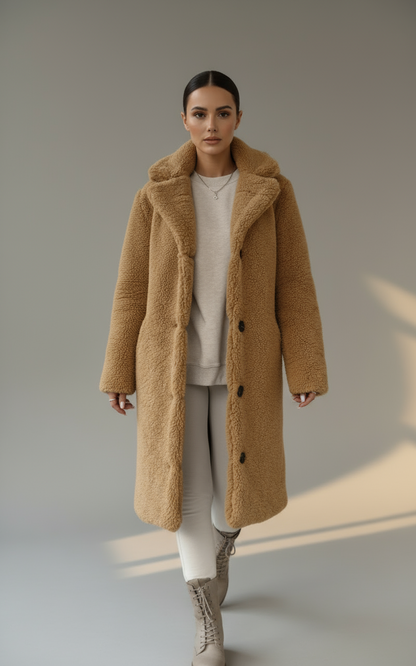 Women’s Long Teddy Coat with Buttons | Cozy Faux Fur Winter Overcoat