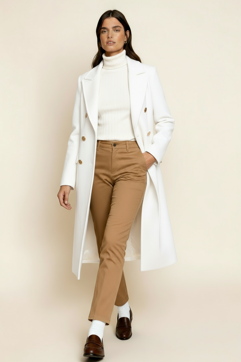 Women’s Wool Blend Coat – Double-Breasted Tailored Long Coat with Classic Lapel