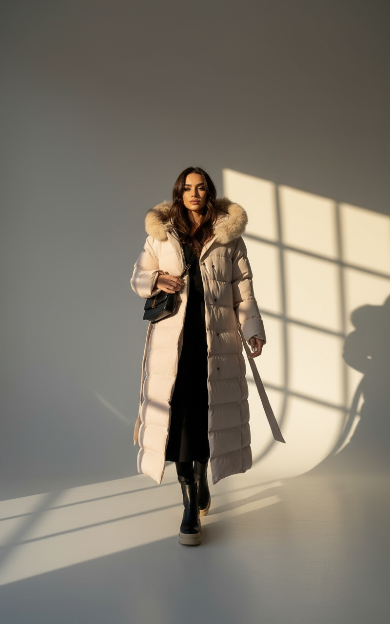 Women’s Beige Parka Jacket | Warm Winter Coat with Faux Fur Hood & Belt