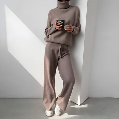 Women's Knitted 2 Set – High Neck Sweater – Wide Pants – Soft Knit – Relaxed Fit - Lounge Wear