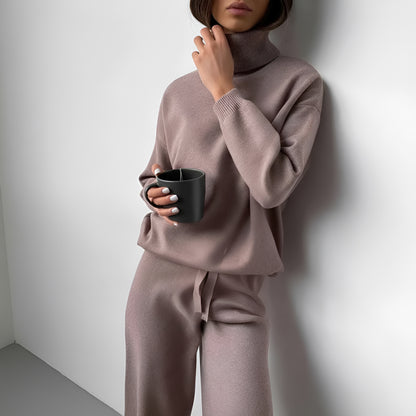 Women's Knitted 2 Set – High Neck Sweater – Wide Pants – Soft Knit – Relaxed Fit - Lounge Wear